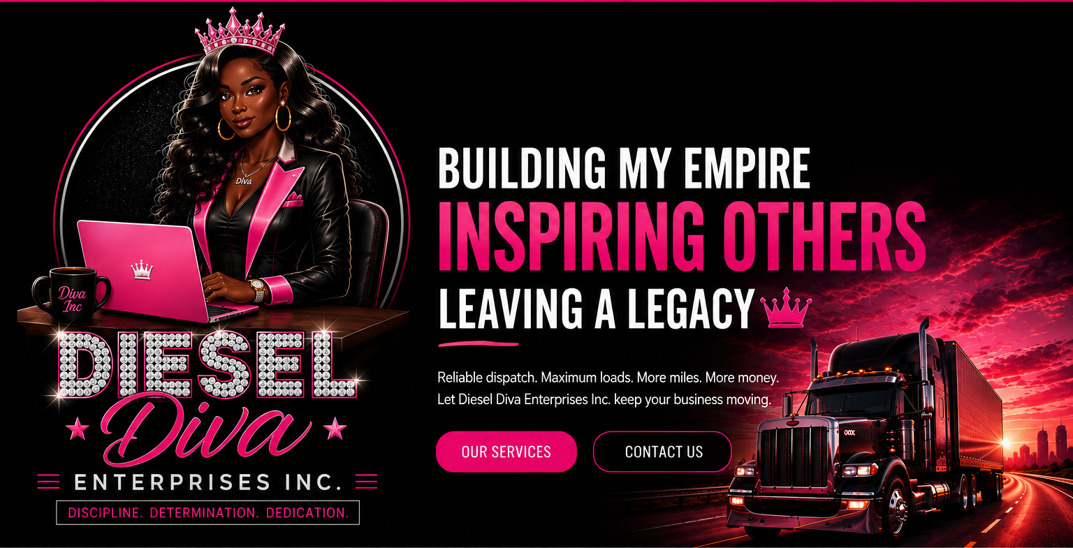 Diesel Diva Empire trucking homepage artwork with woman, diamond logo, and semi truck